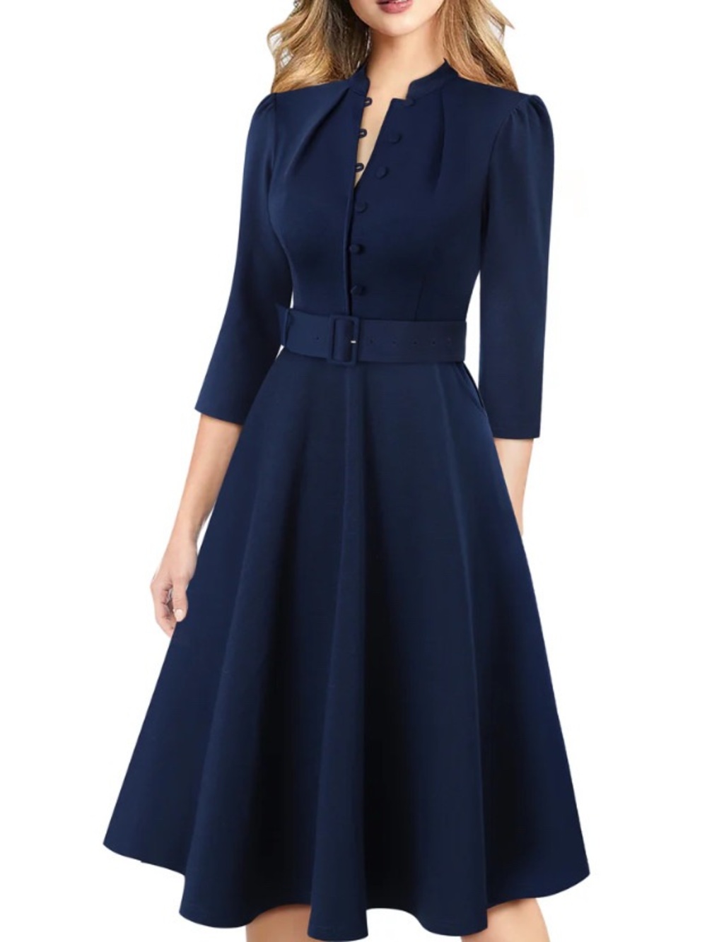 Navy Belted Long-Sleeve Fit & Flare Dress